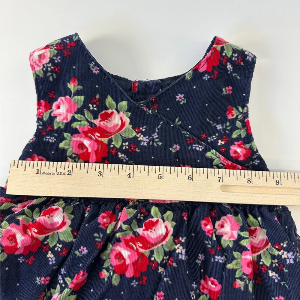 VTG OshKosh‎ B’Gosh Baby Girls 12M Corduroy Dress Cross Front Navy Roses Ruffle